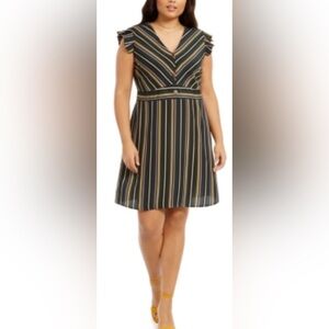 Monteau Los Angeles Size 3X Green Striped V-Neck Ruffle Cap Sleeve Sheath Dress